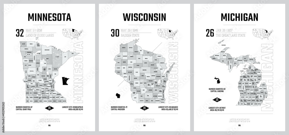 Highly detailed vector silhouettes of US state maps, Division United States  into counties, political and geographic subdivisions, The Great Lakes  region - Minnesota, Wisconsin, Michigan - set 5 of 17 Stock Vector | Adobe  Stock