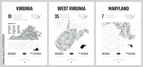 Highly detailed vector silhouettes of US state maps, Division United States into counties, political and geographic subdivisions, South Atlantic - Virginia, West Virginia, Maryland - set 8 of 17 photo