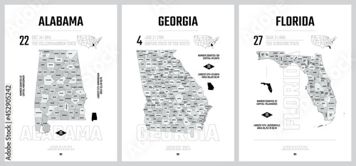 Highly detailed vector silhouettes of US state maps, Division United States into counties, political and geographic subdivisions, South Atlantic - Alabama, Georgia, Florida - set 10 of 17 photo