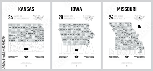Highly detailed vector silhouettes of US state maps, Division United States into counties, political and geographic subdivisions of a states, West North Central - Kansas, Iowa, Missouri - set 6 of 17