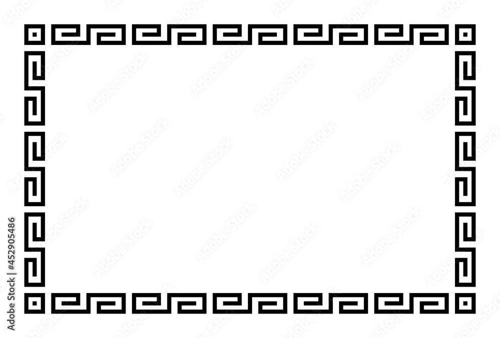 Meander rectangle with simple meander pattern. Rectangular frame and decorative border, made of angular spirals shaped into seamless motif, known as Greek key. Black and white illustration over white.
