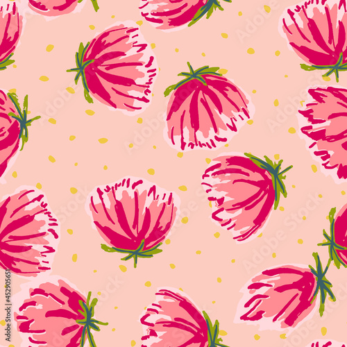 Pink Flower Drawn Vector Seamless Pattern.