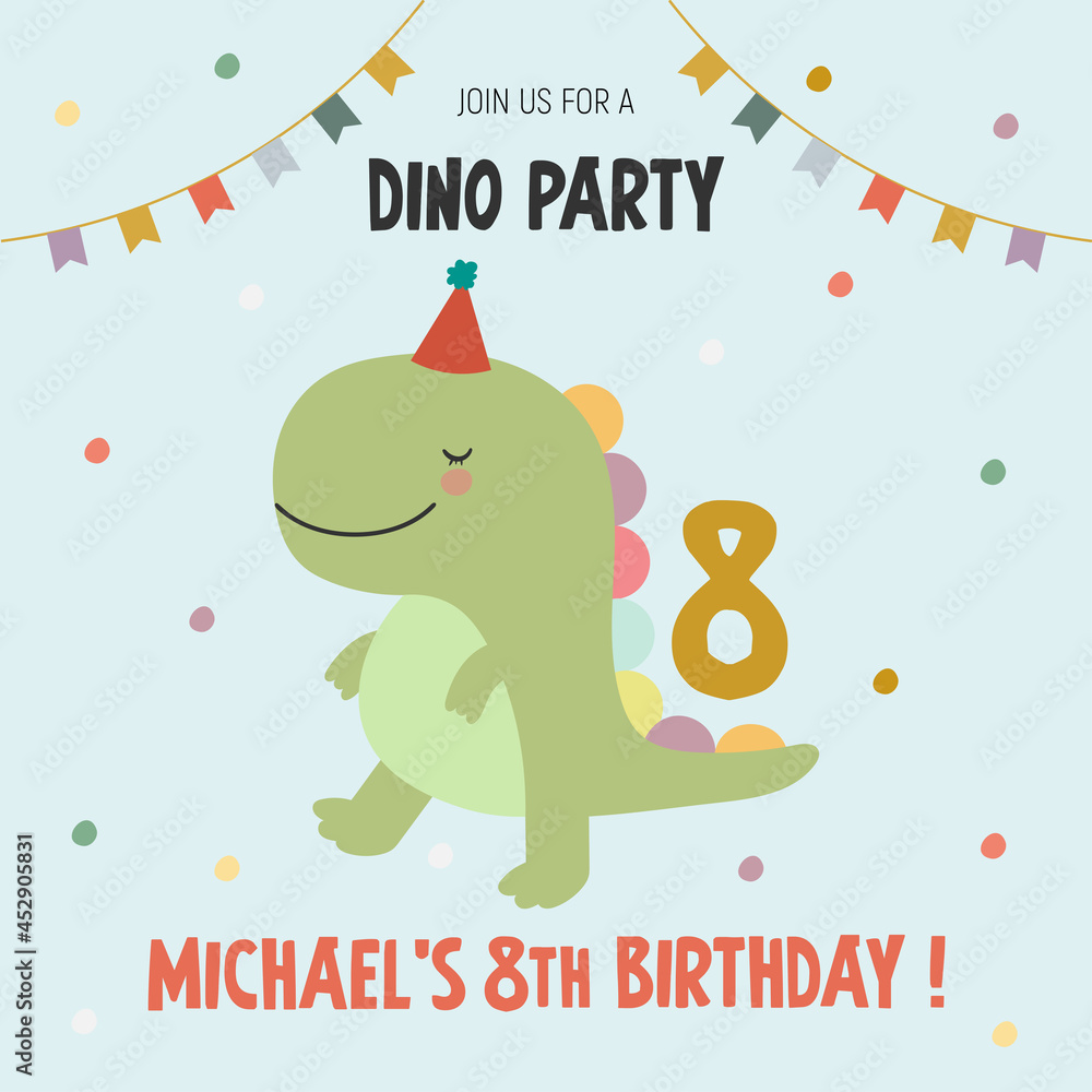Fototapeta premium An illustration in a vector. Invitation to the dino party, in cartoon style, on a blue background, with the image of a cute funny dinosaur.