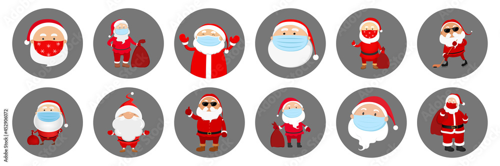 Set of Santa Claus avatars. Vector illustration.