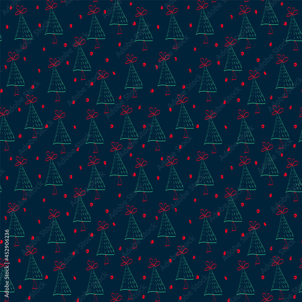 New Year pattern with Christmas trees on dark. Modern background of trees in a circle of snowflakes. Hand-drawn doodle pattern for wrapping paper. Happy New Year. Vector illustration New Year pattern with Christmas trees on dark. Modern background of trees in a circle of snowflakes. Hand-drawn doodle pattern for wrapping paper. Happy New Year. Vector illustration