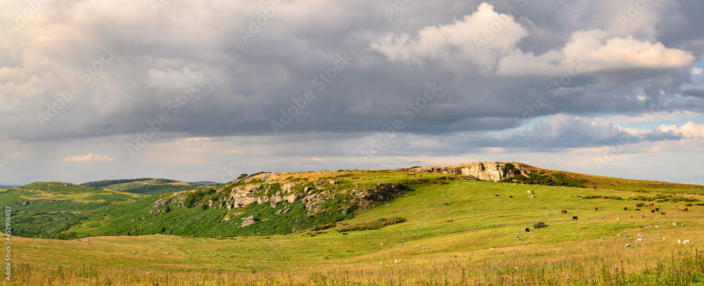 Panorama of Raven's Crag and Bowden Doors. Raven's Crag and Bowden Doors are two crag rock formations in Northumberland in North East England, near Belford, designated as a SSSI, popular with climber 