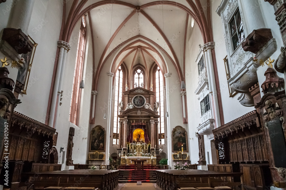 Nice view of the marble high altar made by Bartholomäus van Opstal and the side altars inside the collegiate church of St. Peter and John the Baptist in Berchtesgaden, Bavaria, Germany.