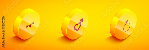 Set Isometric Carnival garland with flags, Heart male gender and Diamond engagement ring icon. Vector