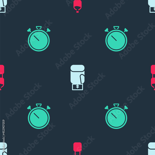 Set Bottle of water, Boxing glove and Stopwatch on seamless pattern. Vector