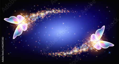 Flying delightful butterflies with sparkle and blazing trail flying in night sky among shiny glowing stars in cosmic space. Animal protection day concept.