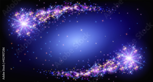 Two flying comet with curved glowing dust tail  in the starry night sky. Star dust trail with shining stars. Space research concept. Festive background.