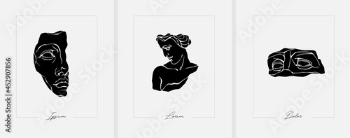 Set of antique marble statues with broken elements. Greek classic ancient of Venus, amphora. Modern tattoo and logo. Hand drawn mythical trendy Vector