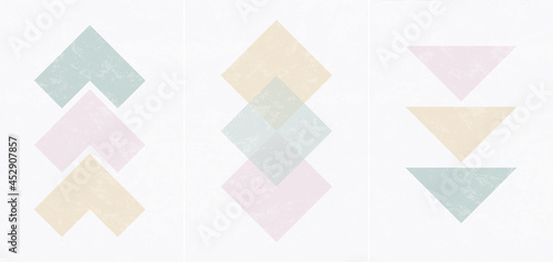 gentle set of geometric abstract posters on the wall. Triangle, square, texture.