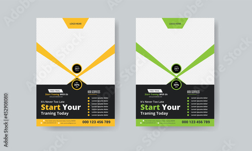 A4 gym flyer, Gym Fitness Flyer layout green & yellow fitness flyer template