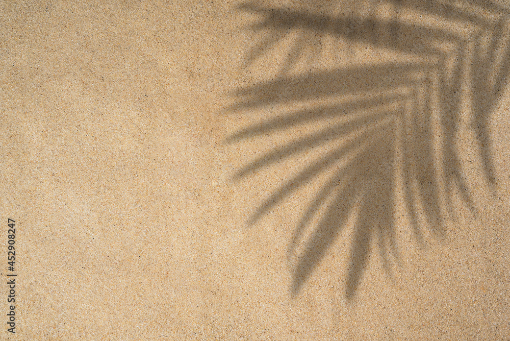 Summer beach day scene with tropical palm leaves shadow on sand background. Minimal sunlight tropical flat lay arrangement.
 - obrazy, fototapety, plakaty 