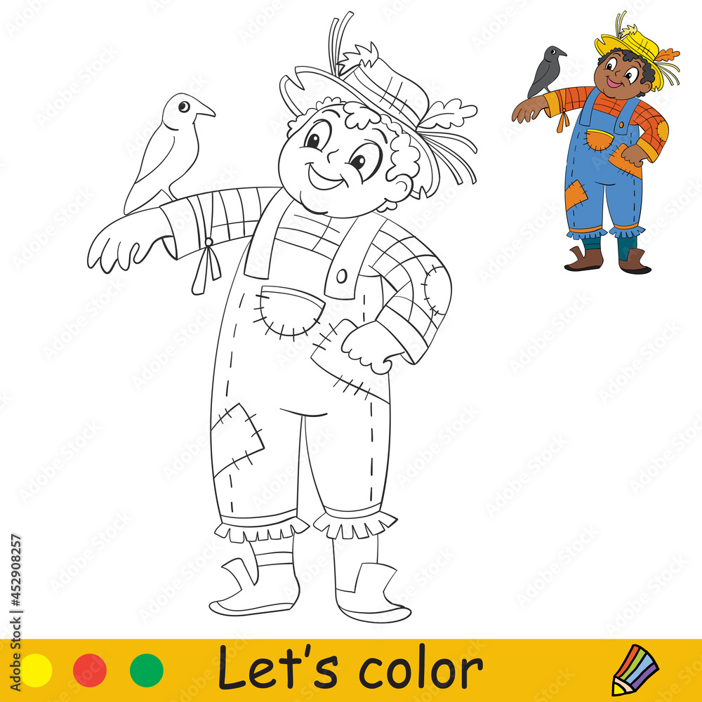 Coloring with template Halloween boy in a scarecrow costume