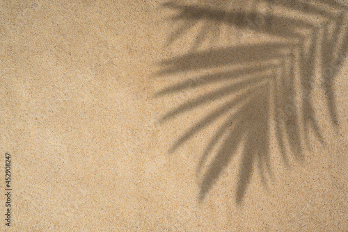 Fototapeta Naklejka Na Ścianę i Meble -  Summer beach day scene with tropical palm leaves shadow on sand background. Minimal sunlight tropical flat lay arrangement.

