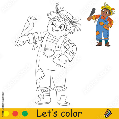 Coloring with template Halloween boy in a scarecrow costume