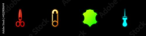 Set Scissors, Safety pin, Leather and Awl tool icon. Vector