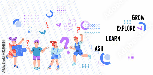 Kids education website banner concept. Explore and learn idea of web page for children online courses, school education and extracurricular activity, flat vector.