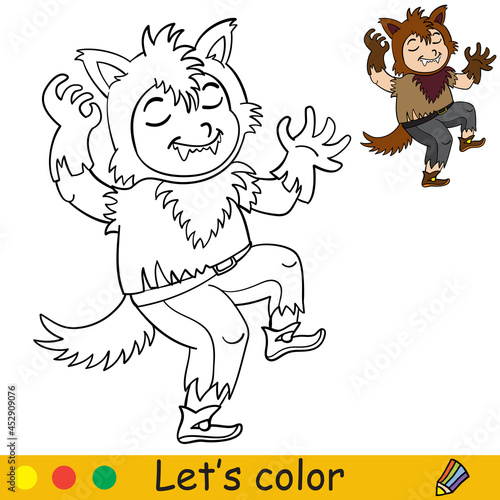 Coloring with template Halloween boy in werewolf costume