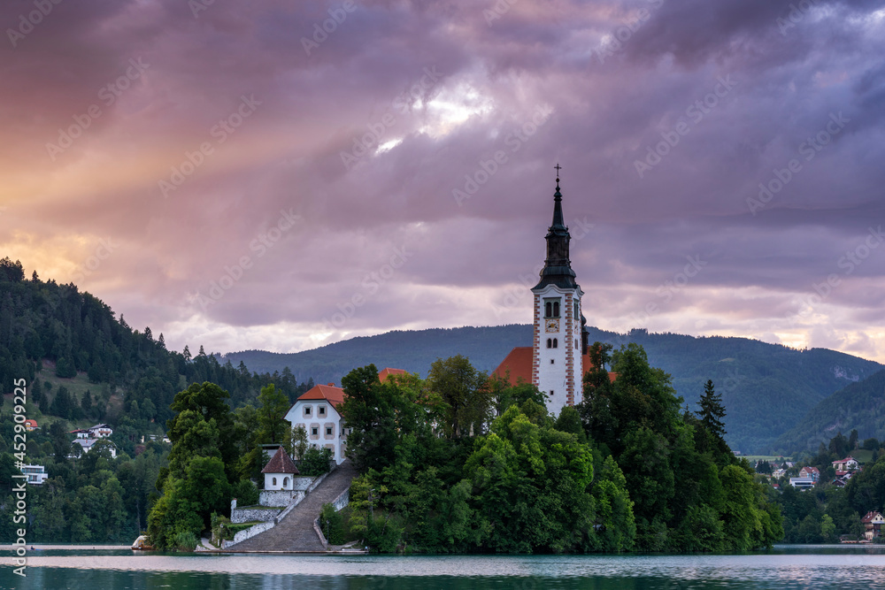 Beautiful Sunset at Slovenia Famous Bled Lake with Church on Island