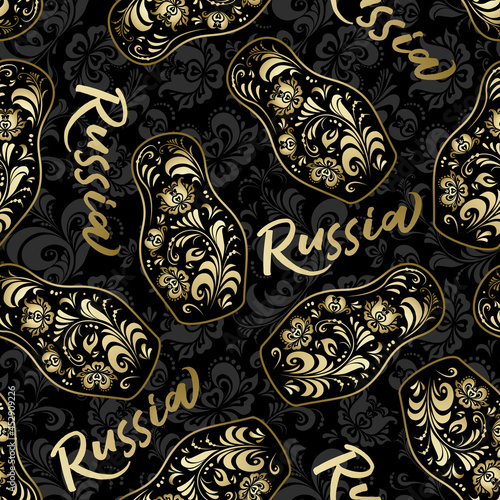Seamless pattern. Russian ornament Khokhloma with nested doll