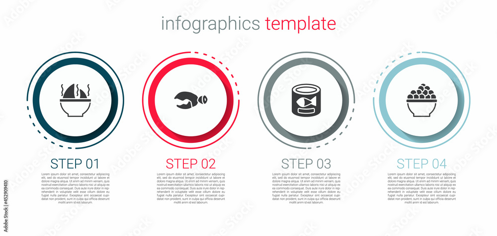 Set Shark fin soup, Lobster or crab claw, Canned fish and Caviar. Business infographic template. Vector Set Shark fin soup, Lobster or crab claw, Canned fish and Caviar. Business infographic template. Vector