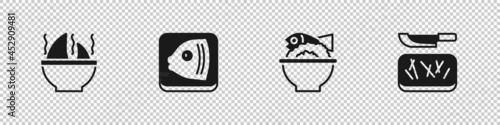 Set Shark fin soup, Fish head, Served fish on bowl and Cutting board and knife icon. Vector