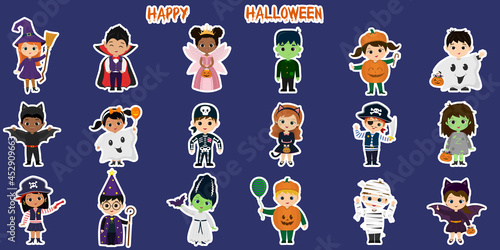 Mega set of Halloween party characters stickers. Eighteen children in different Halloween costumes on a white background. Cartoon, flat, vector.