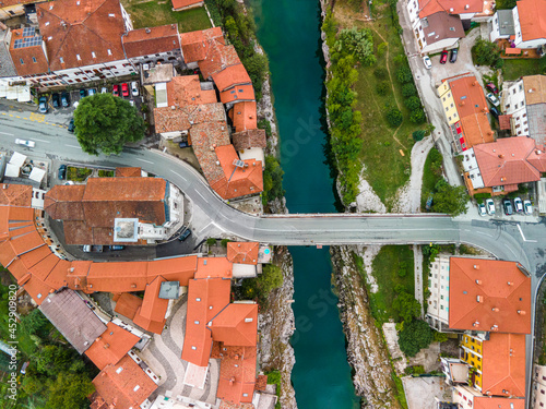 Kanal Ob Soci in Sova Valley in Slovenia. Aerial Drone Townscape photo