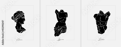 Set of antique marble statues with broken elements. Greek classic ancient of Venus, amphora. Modern tattoo and logo. Hand drawn mythical trendy Vector