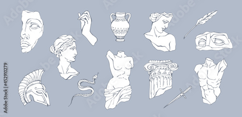Set of antique marble statues with broken elements. Greek classic ancient of Venus, amphora. Modern tattoo and logo. Hand drawn mythical trendy Vector