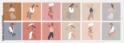 Feminine concept design template and illustration. Woman in minimal linear style Fashion illustration by femininity, beauty and modern art. Abstract poster and t-shirt print Vector