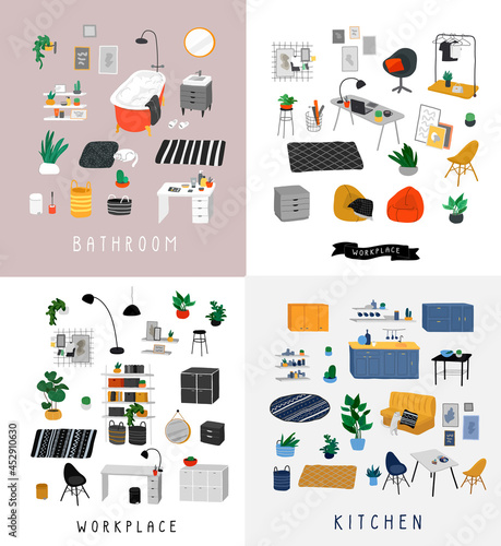 Set for badroom with stylish comfy furniture and modern home decorations in trendy Scandinavian or hygge style. Cozy Interior furnished home plants for sleeping