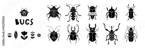 Black and white collection of retro bugs and florals. Vector illustration set of beetles in vintage style 1960s. © Sonyara