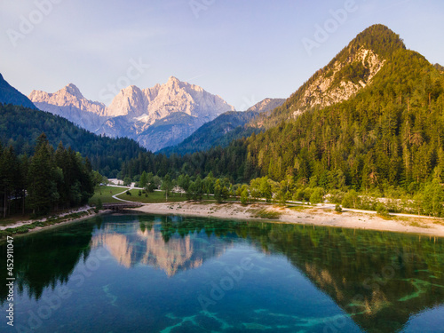 Alpine lake Jasna in Slovenia. Drone View at Sunrise