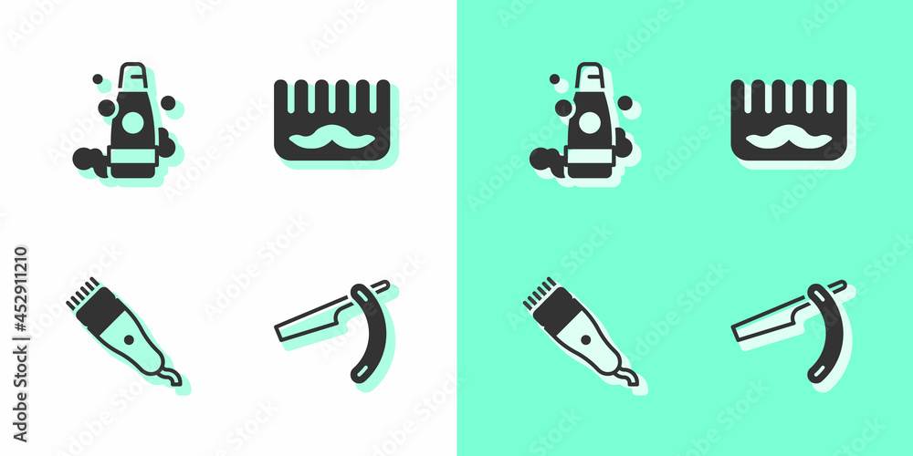 Set Straight razor, Bottle of shampoo, Electrical hair clipper and Hairbrush icon. Vector