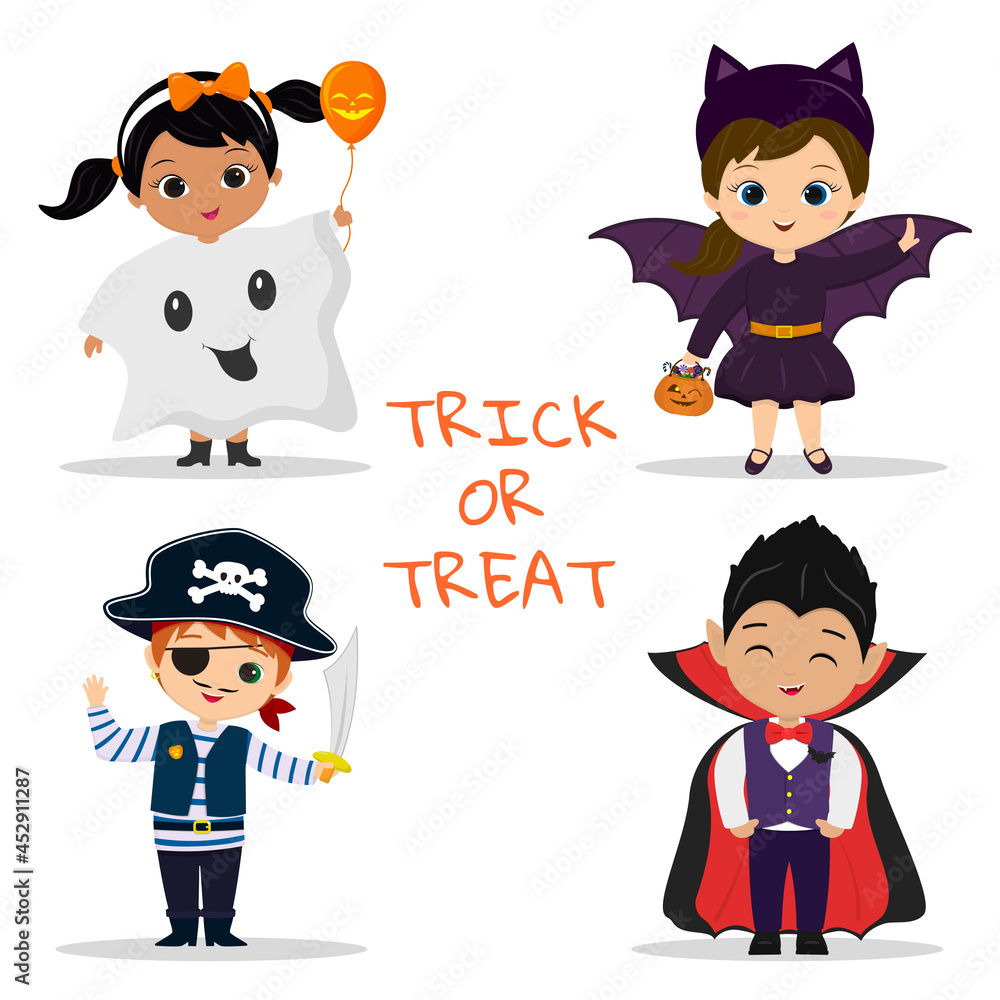 Set of four kids Halloween party characters. Children in colorful Halloween  costumes ghost, pirate, vampire, bat in cartoon style. Flat vector. Stock  Vector | Adobe Stock