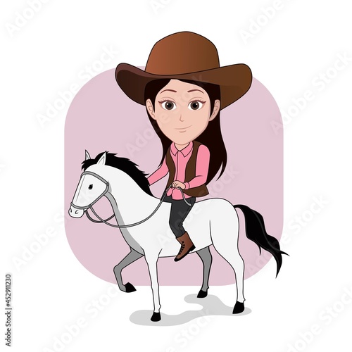 Cartoon carricature of a woman is riding a horse