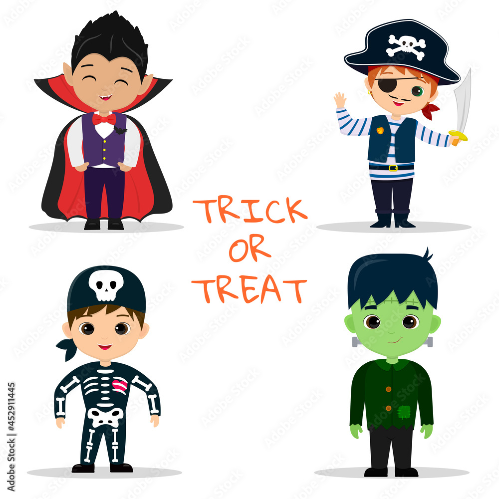 Set of four kids Halloween party characters. Children in colorful Halloween costumes vampire, pirate, skeleton, monster frankenstein in cartoon style. Flat vector. Set of four kids Halloween party characters. Children in colorful Halloween costumes vampire, pirate, skeleton, monster frankenstein in cartoon style. Flat vector.