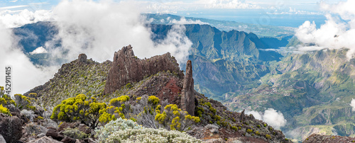 Réunion island panorama from Grand Bénare with rock dykes and Cilaos, Reunion Island, France. photo