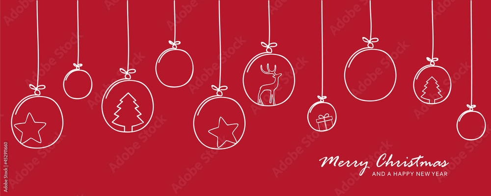 red christmas card with tree balls decoration - obrazy, fototapety, plakaty 