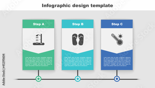 Set Beach shower, Flip flops and Meteorology thermometer. Business infographic template. Vector