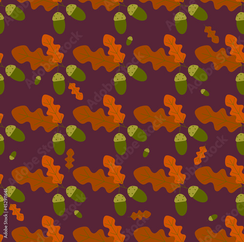 Autumn background, autumn oak leaves and acorns. Seamless vector background for advertising, sales in orange and brown colors on ultraviolet background.