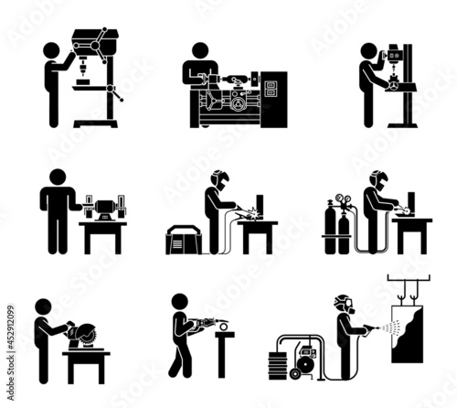 Pictograms Icon collection of electric machine tools  for metal, plastic. Machines used in production in various types of industry.  