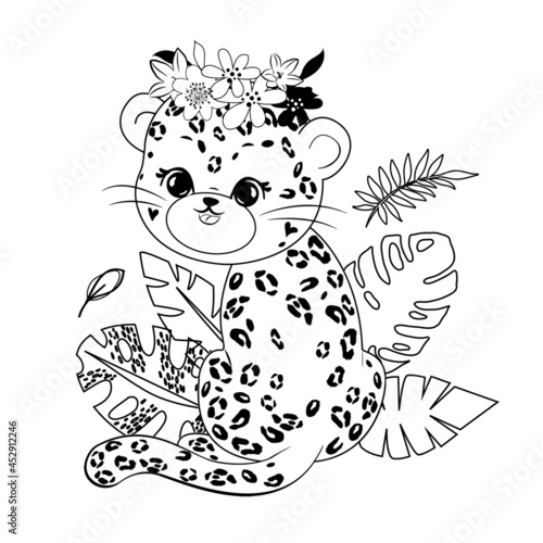 Cute summer leopard and tropical leaves isolated. Vector illustration coloring book for children