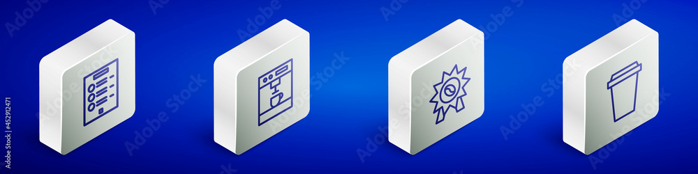 Set Isometric line Coffee menu, machine, Medal for coffee and cup to go icon. Vector Set Isometric line Coffee menu, machine, Medal for coffee and cup to go icon. Vector