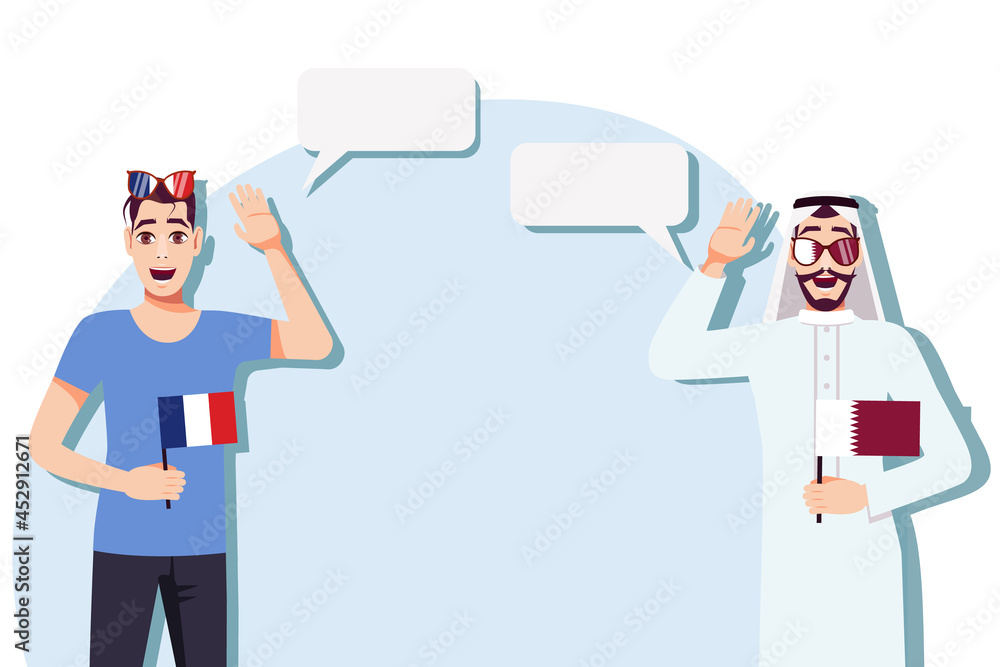 Men with French and Qatari flags. Background for the text. Communication between native speakers of the language. Vector illustration.