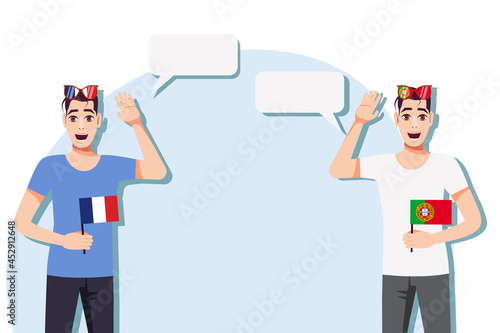 Men with French and Portuguese flags. The concept of international communication, education, sports, travel, business. Dialogue between France and Portugal. Vector illustration.